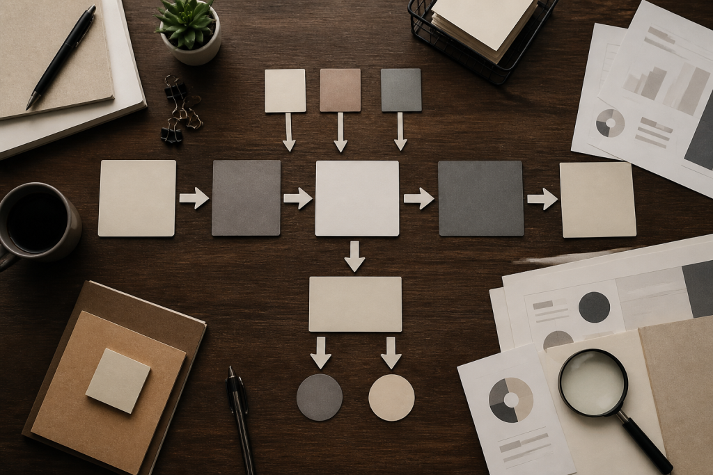 Mesa com materiais organizados para mapear e analisar processos empresariais