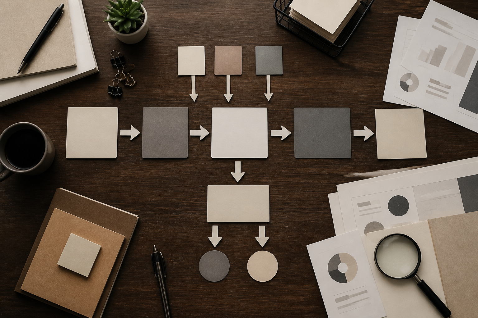 Mesa com materiais organizados para mapear e analisar processos empresariais