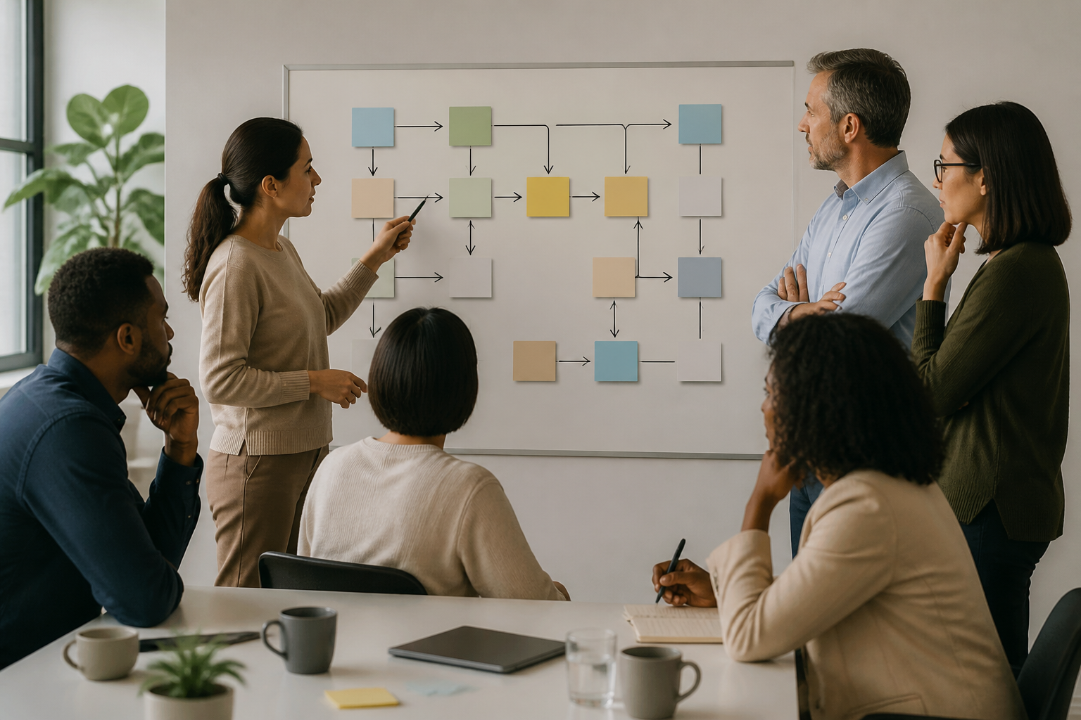 Equipe planejando a implementação de um novo sistema com etapas e responsabilidades definidas