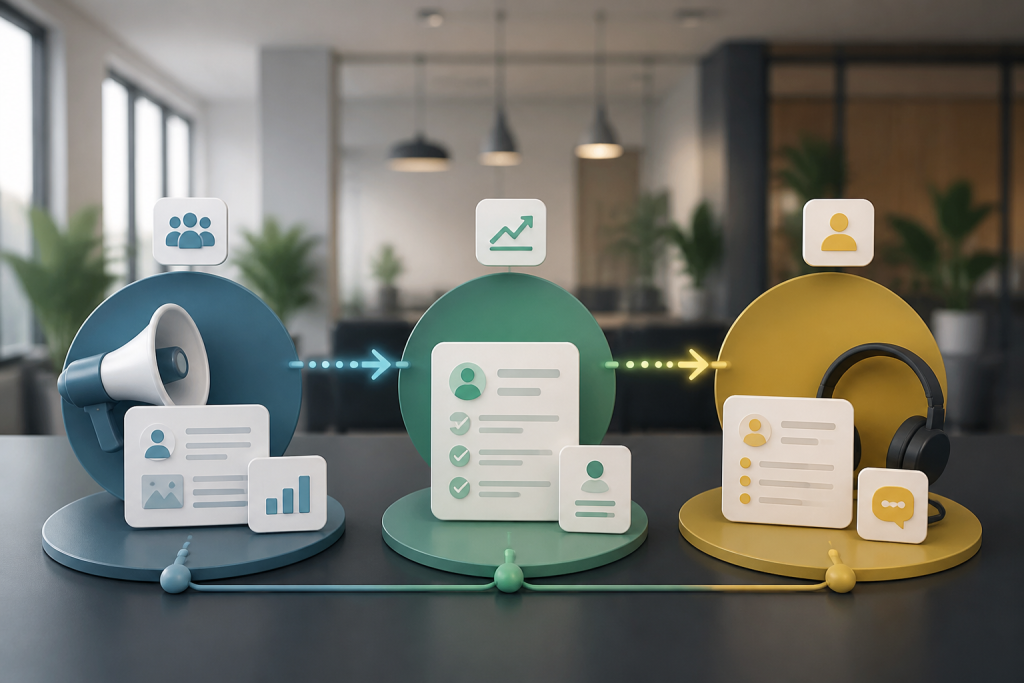 Fluxo organizado de passagem de leads entre marketing, vendas e atendimento